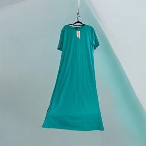 Classic Teal Short-Sleeve Maxi Dress Stretchy 2X New